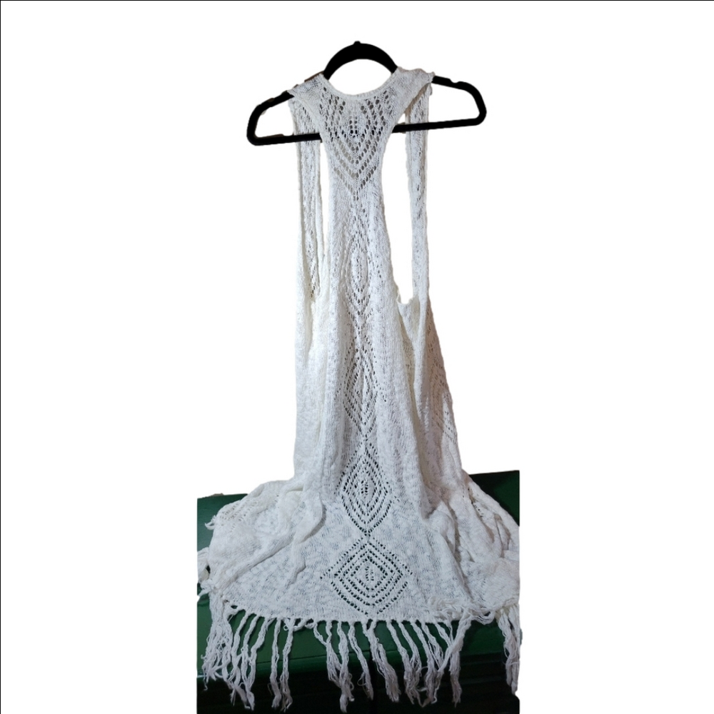 Boho long open vest duster knit white razorback med/large tokyo darling